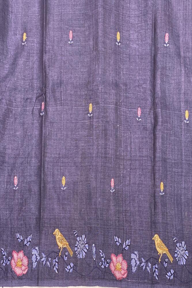 Violet Tussar Resham embroidery saree with unstiched blouse, traditional wear by Saarang Sarees featuring intricate embroidery details.