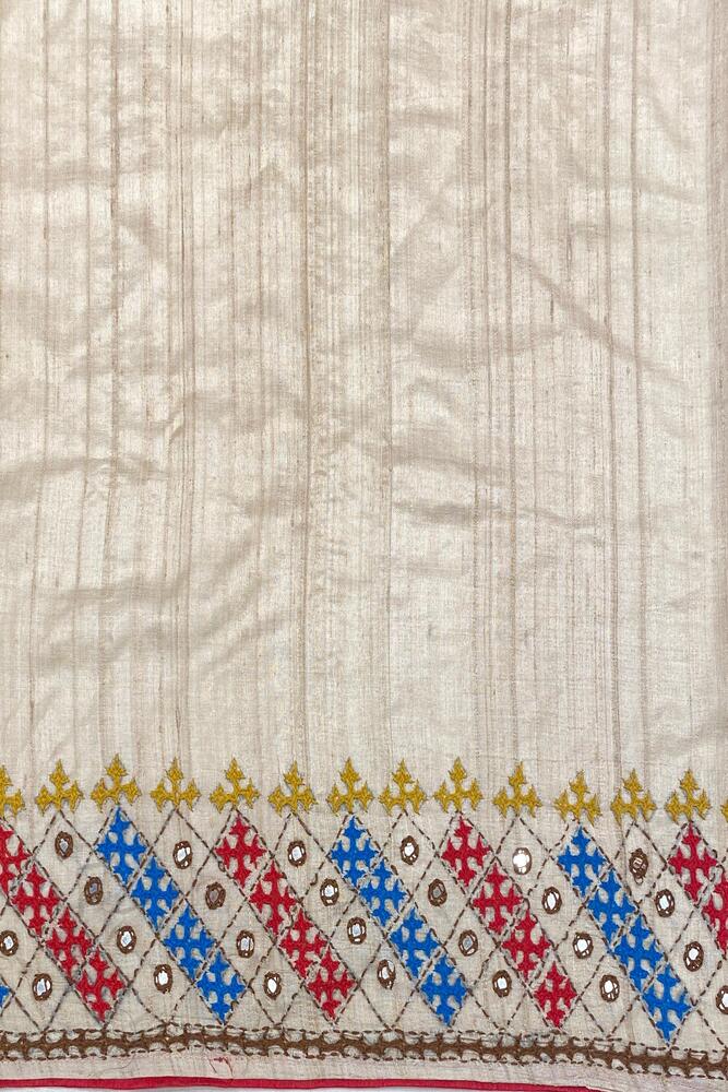 Off-White Tussar Embroidery Saree With Kathiawari Work Border, With Unstitched Blouse