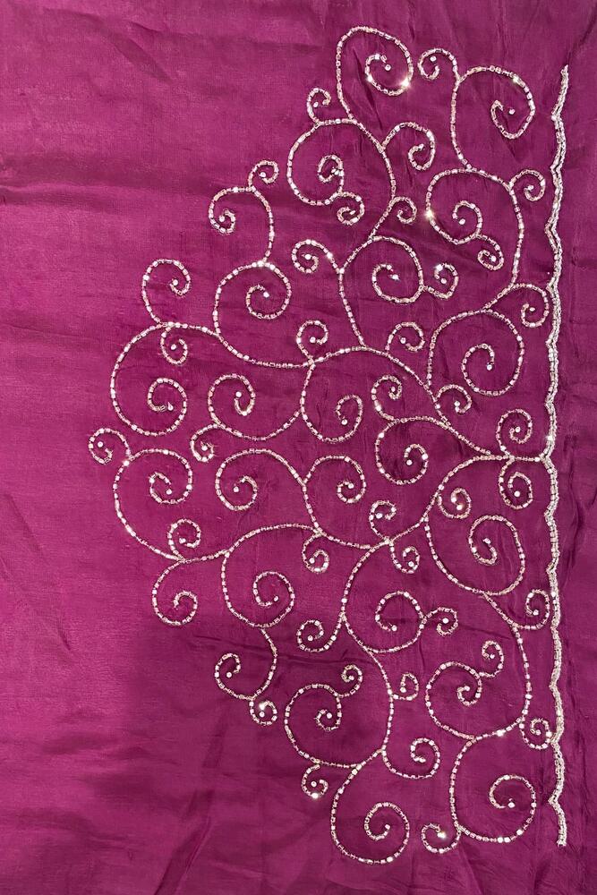 Purple soft organza silk saree with intricate embroidery and unstiched blouse, perfect for party wear by Saarang Sarees.