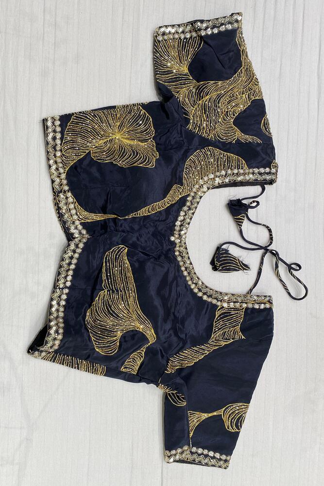 Black Crepe Organza Silk Saree, With Readymade Blouse Piece