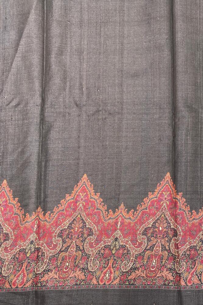 Black Tussar Silk Printed Saree With Aari Work Border, With Unstiched Blouse