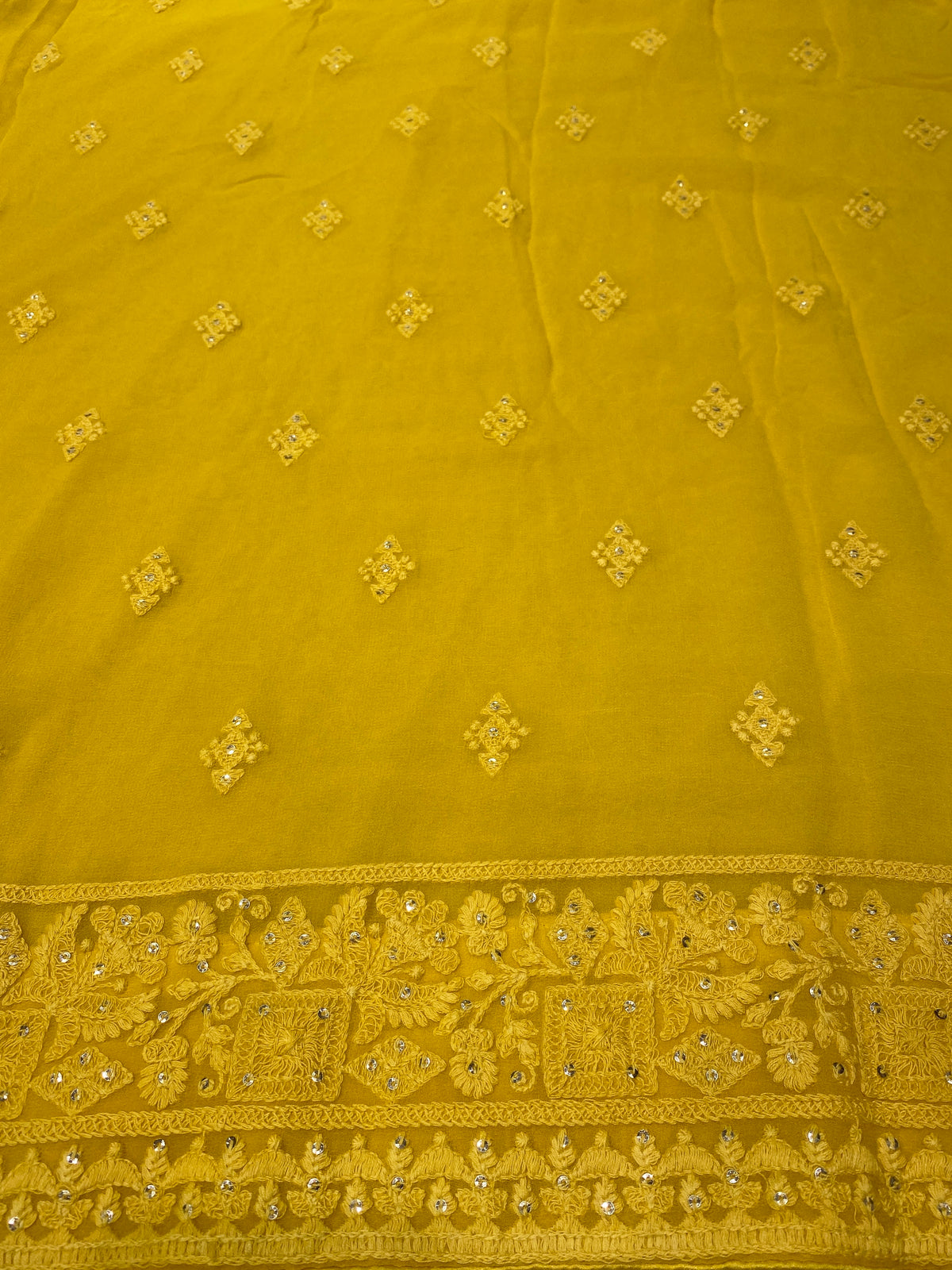 Yellow Georgette Chikankari Embroidery Saree, With Unstitched Blouse