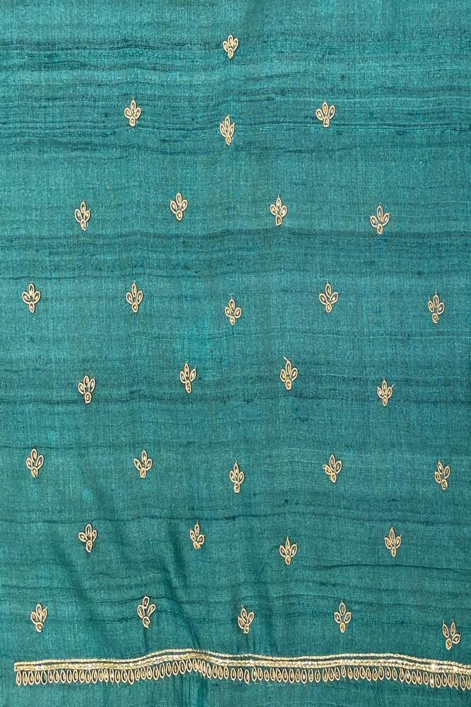 Bottle Green Tussar Zardosi Work Saree, With Unstiched Blouse