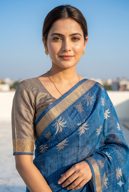 Royal Blue Printed Munga Silk Saree, With Unstiched Blouse