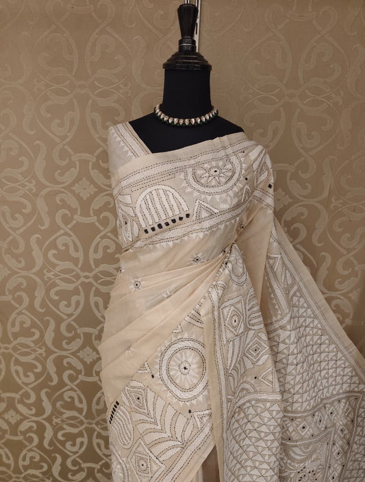 Beige Tussar Embroidery Saree With Kantha Work Border, With Unstitched Blouse