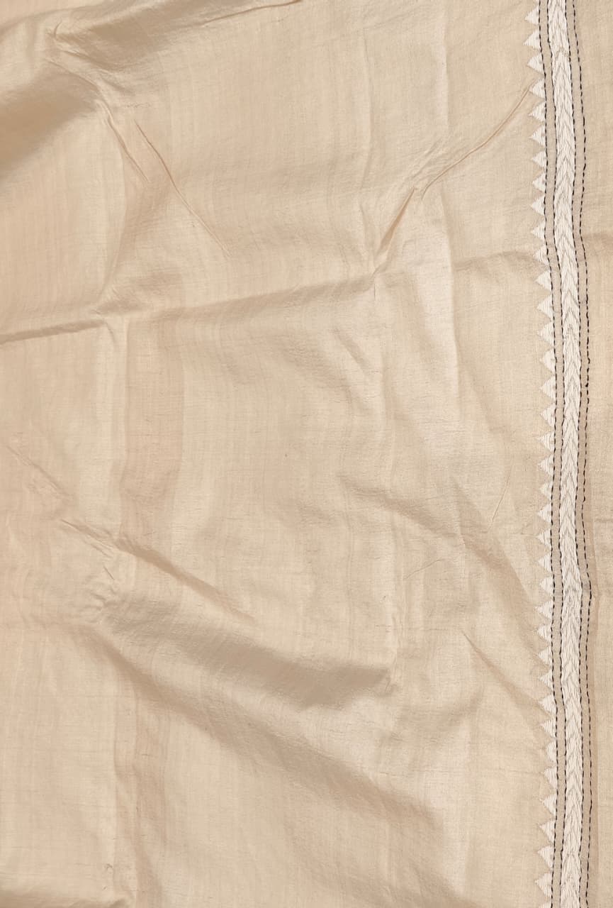 Beige Tussar embroidery saree with Kantha work border and matching unstitched blouse, traditional wear by Saarang Sarees.