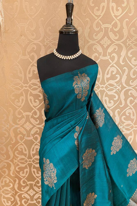 Teal Blue Pure Raw Tussar Banarasi Silk Saree, Hand Woven Motifs With Unstiched Blouse