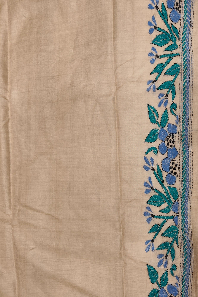 Off-White Tussar Embroidery Saree With Kantha Work Border, With Unstitched Blouse
