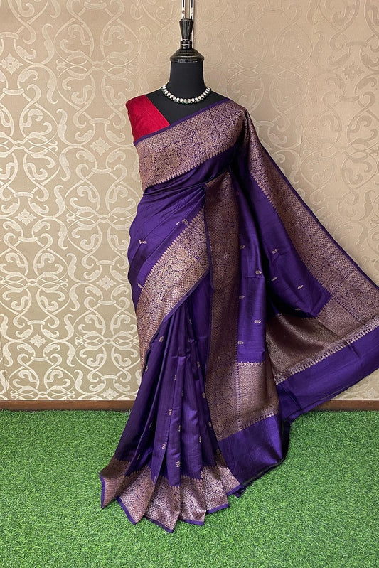 Deep Purple Pure Raw Tussar Banarasi Silk Saree, Hand Woven Motifs With Unstiched Blouse