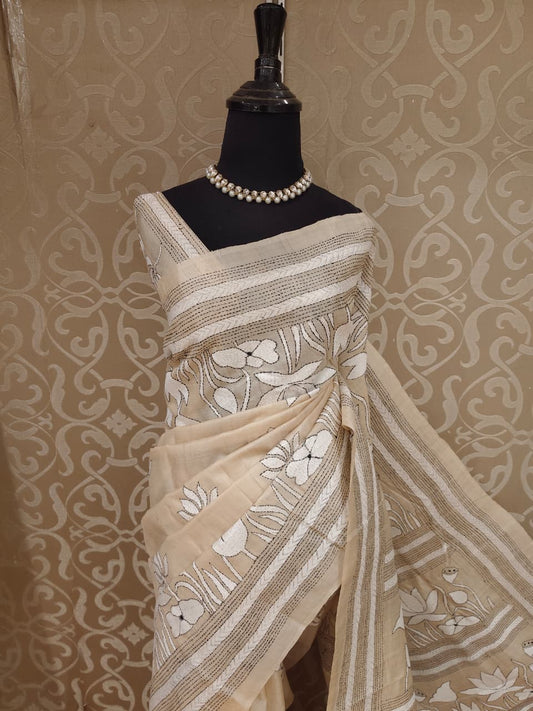 Beige Tussar Embroidery Saree With Kantha Work Border, With Unstitched Blouse