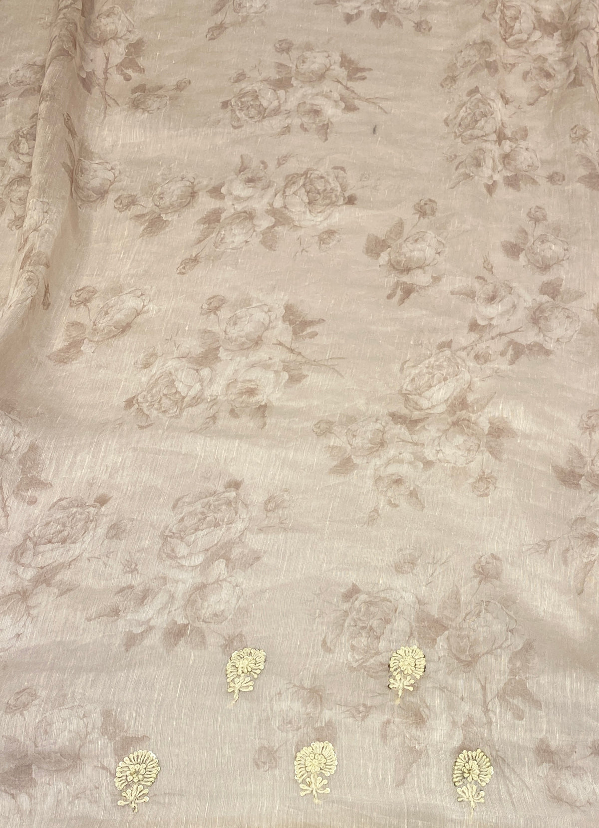 Off-White Linen Silk Saree Hand Embroidered Work, With Unstiched Blouse