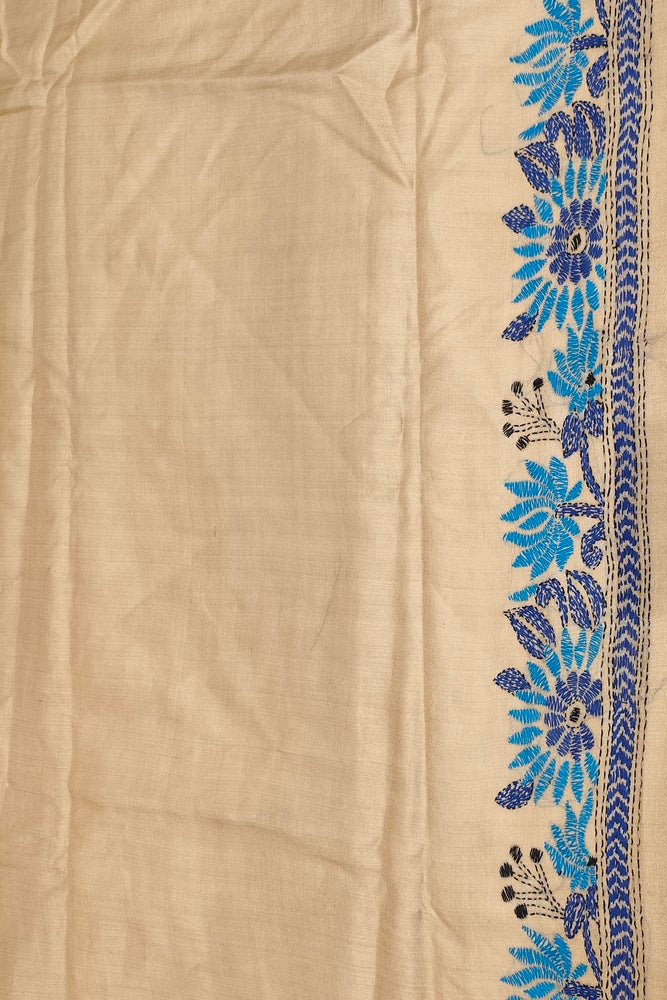 Off-White Tussar Embroidery Saree With Kantha Work Border, With Unstitched Blouse