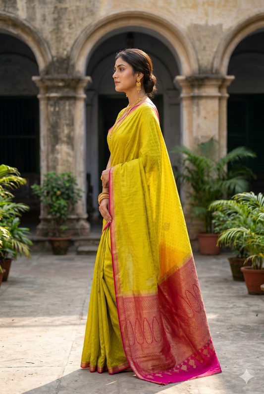 Yellow crepe khaddi Banarasi silk saree with intricate gold zari work and matching unstiched blouse for traditional wear.