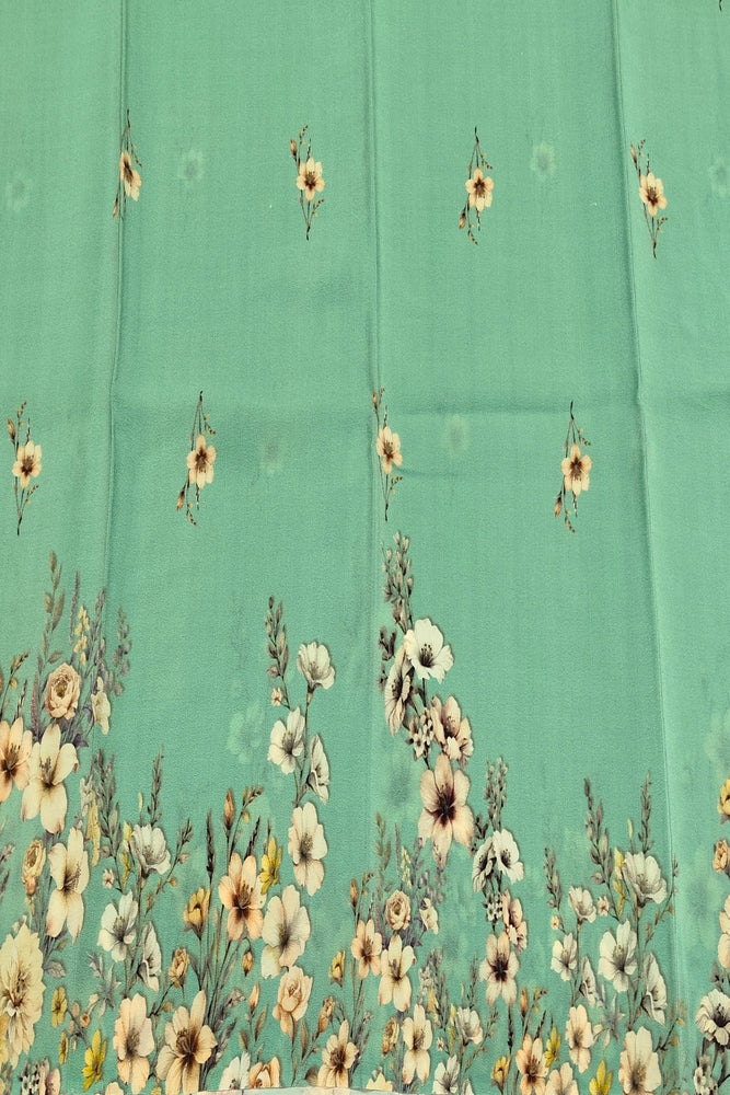First Green Floral Printed Chiffon Saree, With Unstiched Blouse Piece