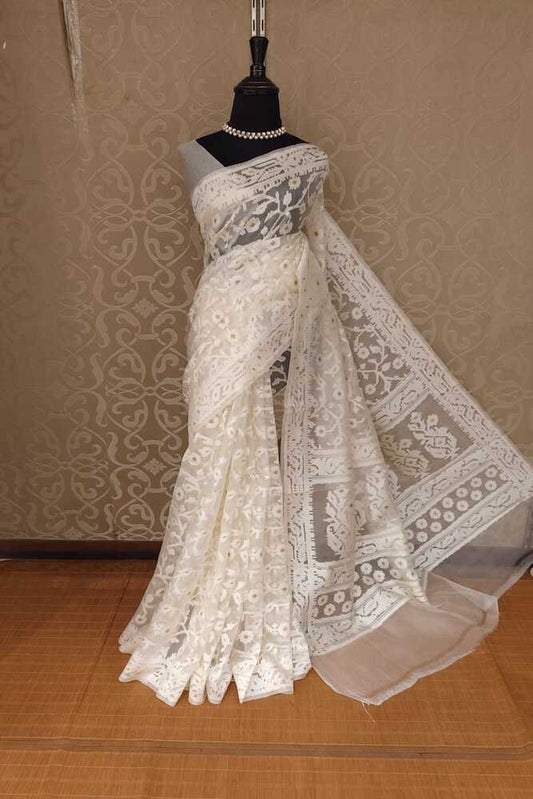 Off-White Muslin Jamdani Saree, With Unstiched Blouse