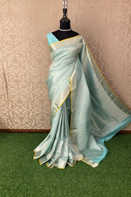 Sky Blue Mysore Crepe Silk Banarasi Saree, With Unstiched Blouse