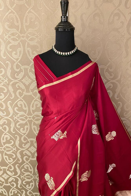 Maroon Mashru Silk Banarasi Handloom Saree, With Unstiched Blouse
