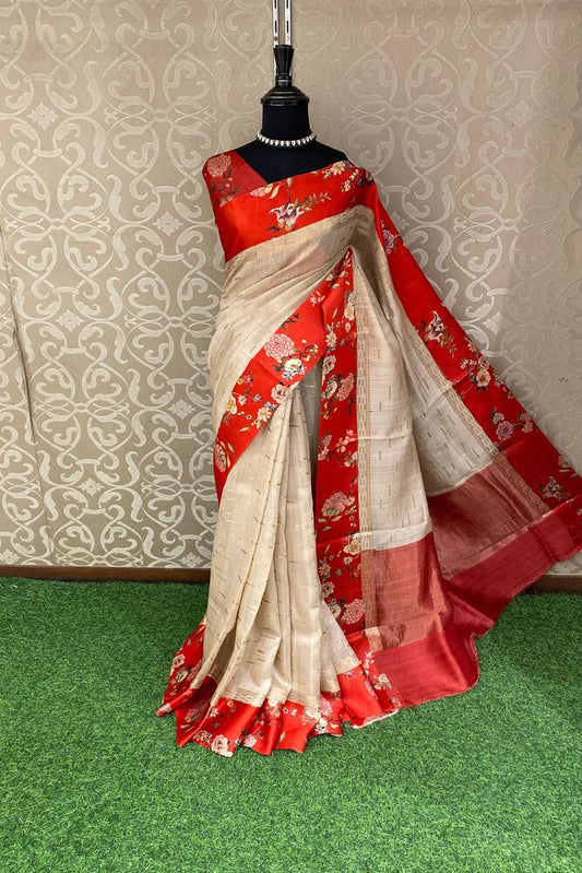 Beige Tussar Banarasi Saree With Digital Mashru Border Work