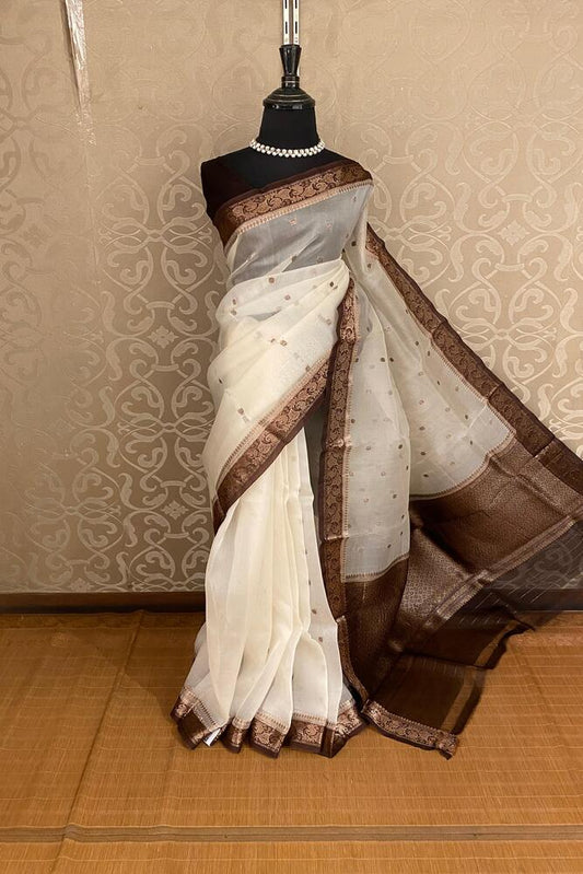 Off-White Kora Banarasi Silk Saree With Hand Weving Work, With Unstiched Blouse