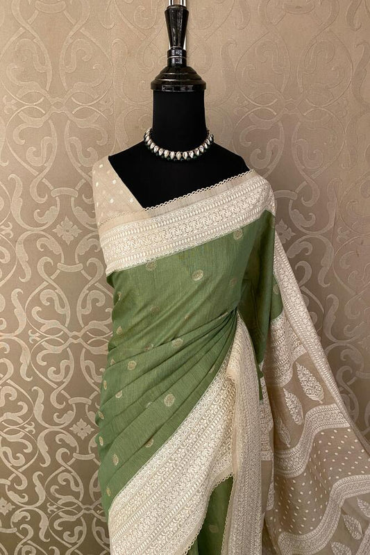 Pista Green Munga Handloom Saree With Chikankari Work, With Unstiched Blouse