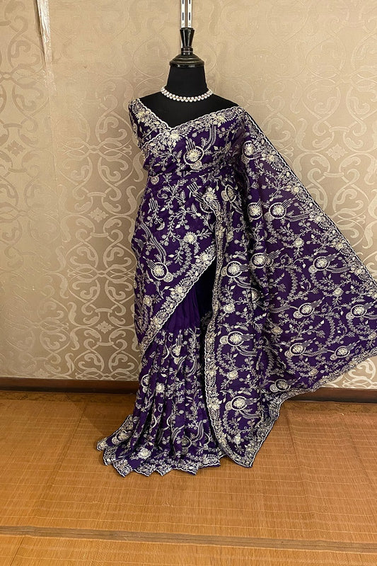 Purple soft organza silk saree with intricate embroidery and matching unstiched blouse, traditional wear by Saarang Sarees.