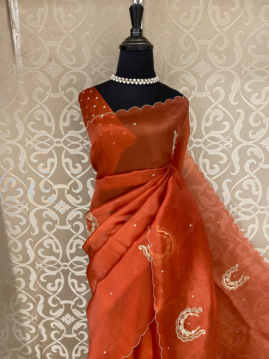 Burnt Orange Organza Saree With Ari Work, With Unstitched Blouse