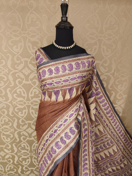 Chocolate Brown Tussar Embroidery Saree With Kantha Work Border, With Unstitched Blouse