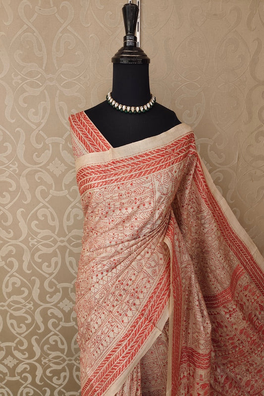 Beige & Red Tussar Embroidery Saree With Kantha Work Border, With Unstitched Blouse
