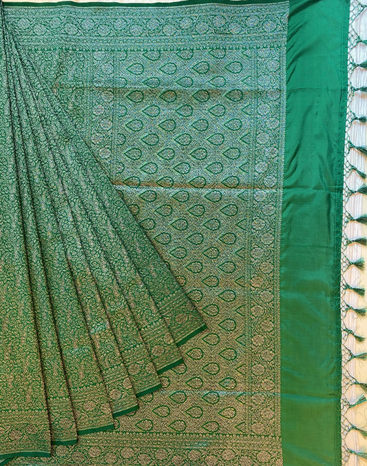 Deep Green Semi Katan Brocade Silk Saree, With Unstiched Blouse