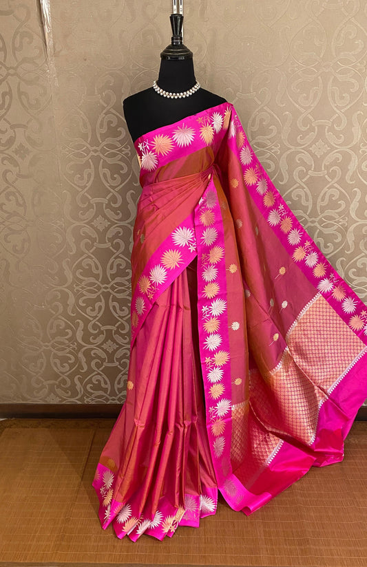 Golden Rani Katan Banarasi saree with handwoven work and unstiched blouse, traditional Indian wear by Saarang Sarees.