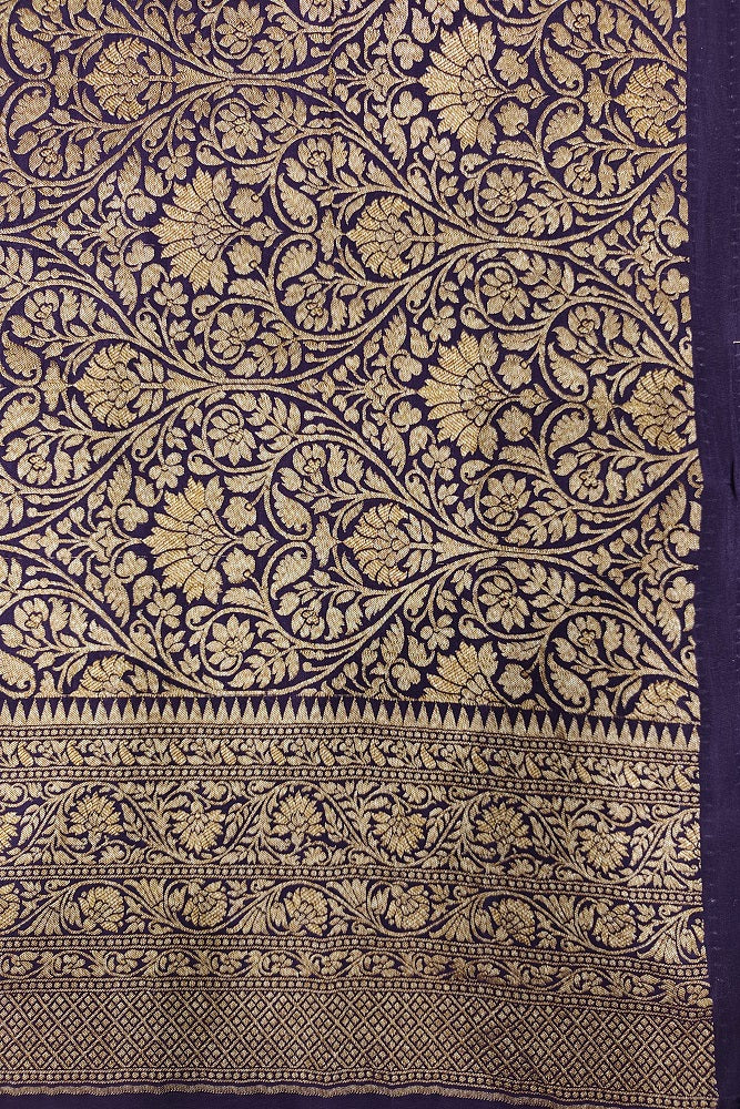 Yellow Crepe Khaddi Banarasi Silk Saree with traditional unstitched blouse, featuring intricate Banarasi weaving and elegant design.