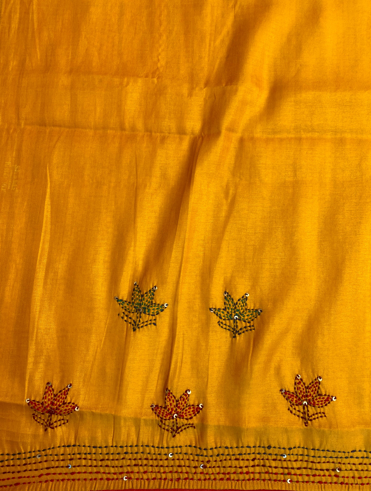 Mustard Yellow Semi Munga Silk French Knot Hand Embroidery Work Saree, With Unstiched Blouse