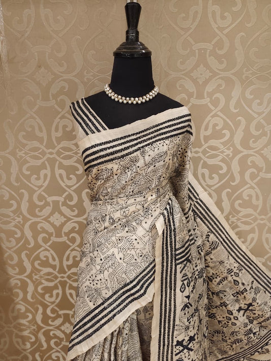 Beige & Black Tussar Embroidery Saree With Kantha Work Border, With Unstitched Blouse