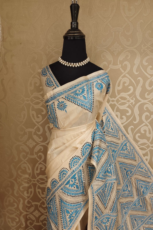 Beige Tussar Embroidery Saree With Kantha Work Border, With Unstitched Blouse