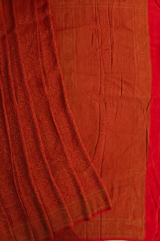 Red Semi Brocade Silk Saree, With Unstiched Blouse