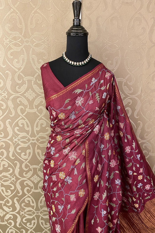 Deep maroon Tussar saree with Resham embroidery, party wear, paired with an unstiched blouse from Saarang Sarees.