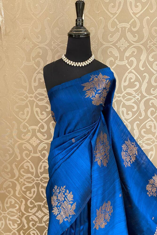 Indigo Blue Pure Raw Tussar Banarasi Silk Saree, Hand Woven Motifs With Unstiched Blouse