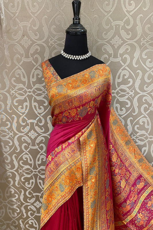 Magenta Pure Kani Handloom Silk Saree With Unstiched Floral Woven Blouse - Saarang Sarees