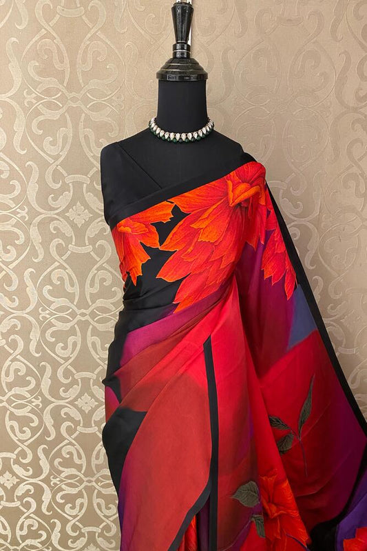 Black and multi-floral printed satin crepe saree from Saarang Sarees with unstiched blouse, perfect for party wear.