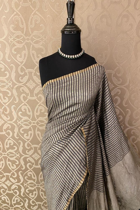 Grey Black Zari Stripe Munga Borderless Saree, With Unstiched Blouse