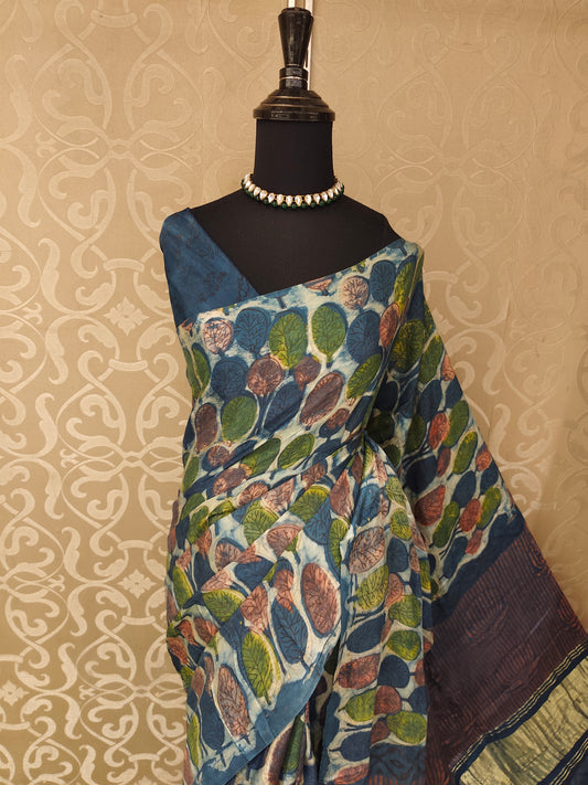 Offwhite & Multi Pure Modal Silk Ajrakh Printed Saree With Unstich Blouse