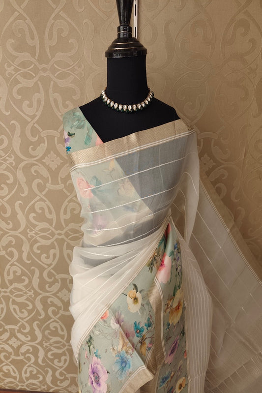 Off-White Organza Resham Printed Saree with unstiched blouse, perfect for party wear, by Saarang Sarees.