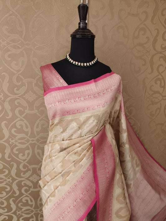 Off-White Tissue Banarasi Silk Saree, With Unstiched Blouse