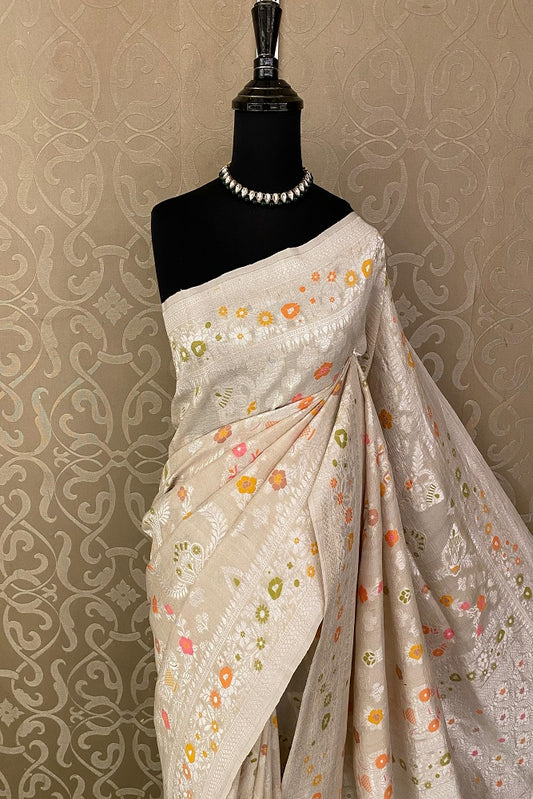 Off-White Tussar Khaddi Handwoven Saree With Meenakari Work, With Unstiched Blouse - Saarang Sarees