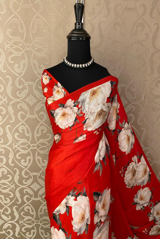Red crepe satin printed saree with unstitched blouse, perfect for party wear, by Saarang Sarees.