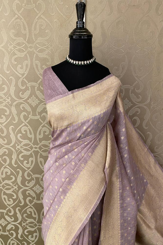 Light Puprle Linen Banarasi Saree With Unstiched Blouse