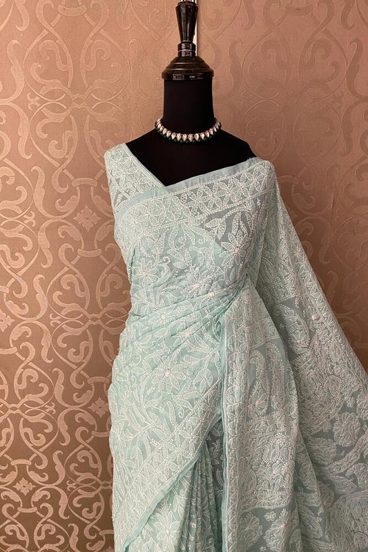 Sky blue cotton Chikankari saree with unstiched blouse, party wear traditional Indian attire by Saarang Sarees.