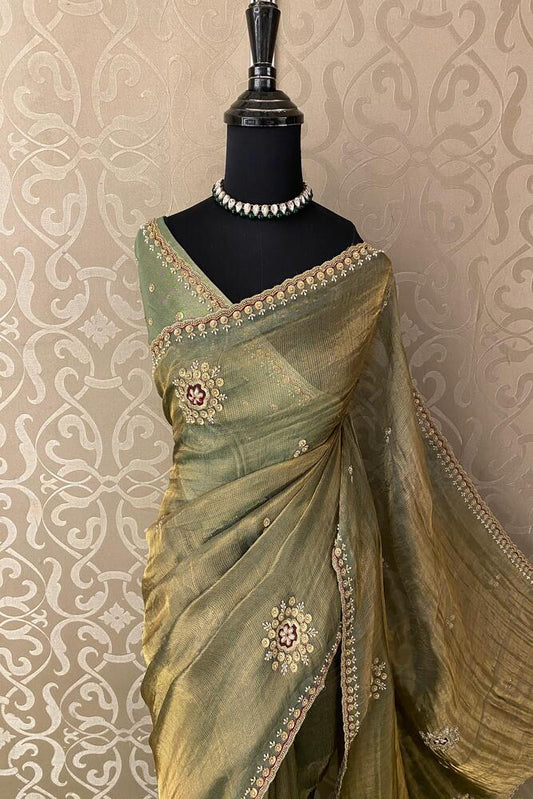Golden Green Tissue Embroidery Saree, With Unstiched Blouse