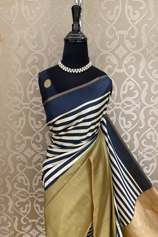 Zebra & Olive Gold Katan Mashru Silk Banarasi Handloom Saree, With Unstiched Blouse