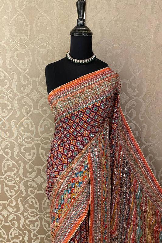 Multi Crepe Georgette Saree With Mirror Work, With Unstiched Blouse